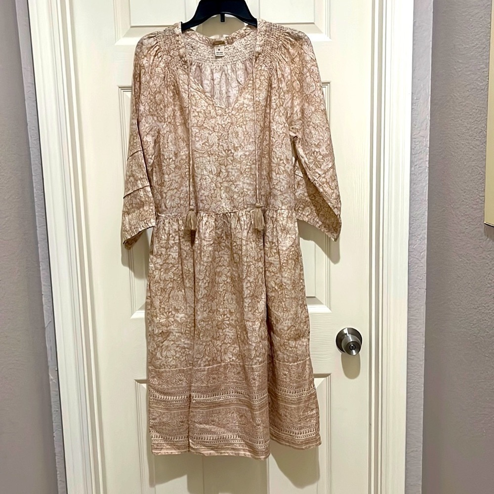 Magaschoni Neutral Ink Floral Print Beige Drop Waist Dress Size Medium